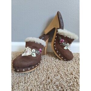 VINTAGE Y2K SPLASH Floral Embroidered Suede Wooden Clogs Faux Fur Trim Size 6.5